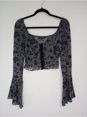 Y2k Crop Top Floral Gray Black Bell Sleeve Hook Front Closure One Clothing